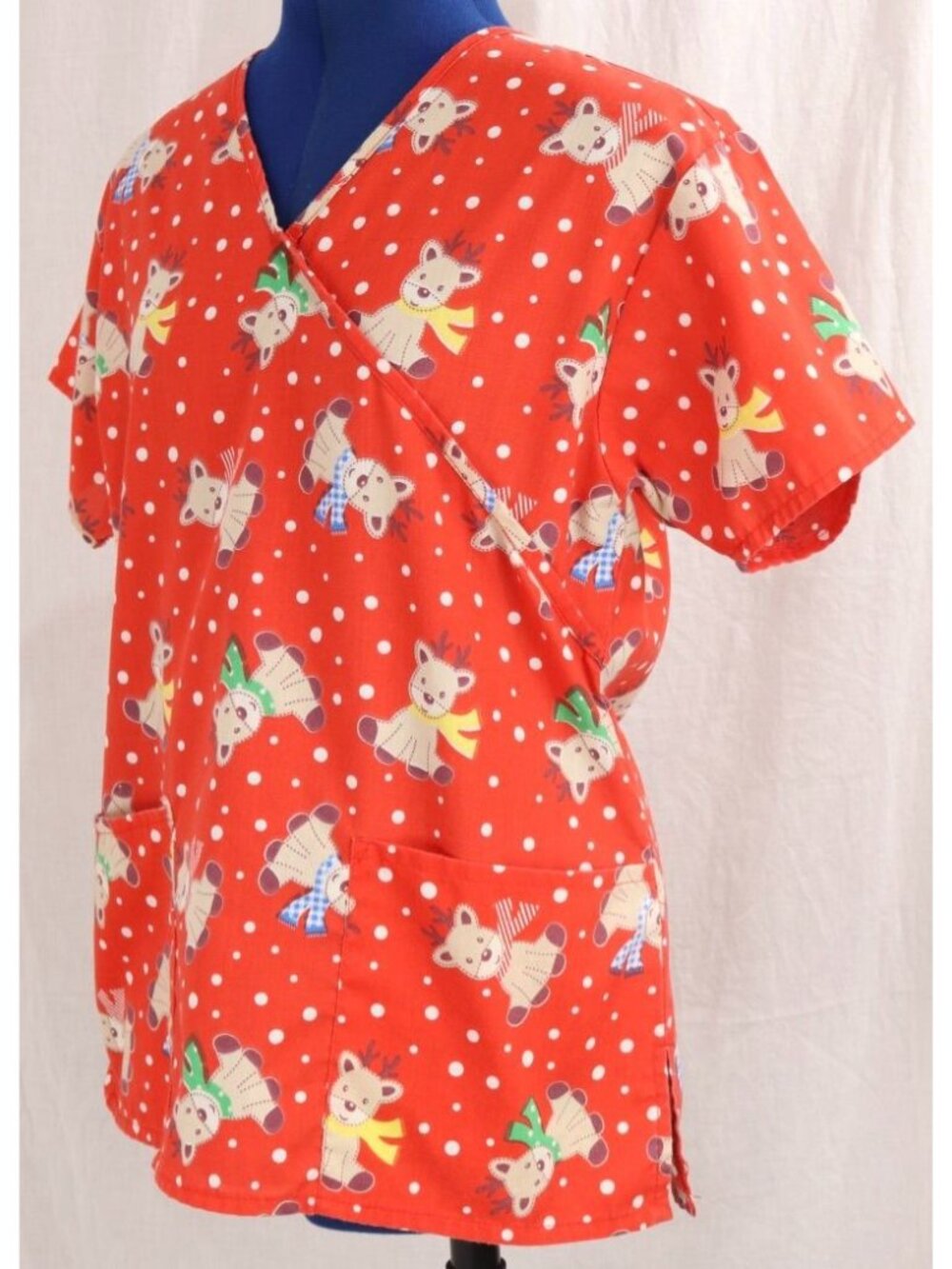 Scrub Top Womens XS Red Polka Dot Christmas Reindeer Medical Uniform Shirt VTG - Picture 5 of 9